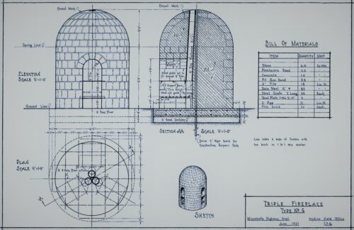 Original blueprint for beehive fireplace